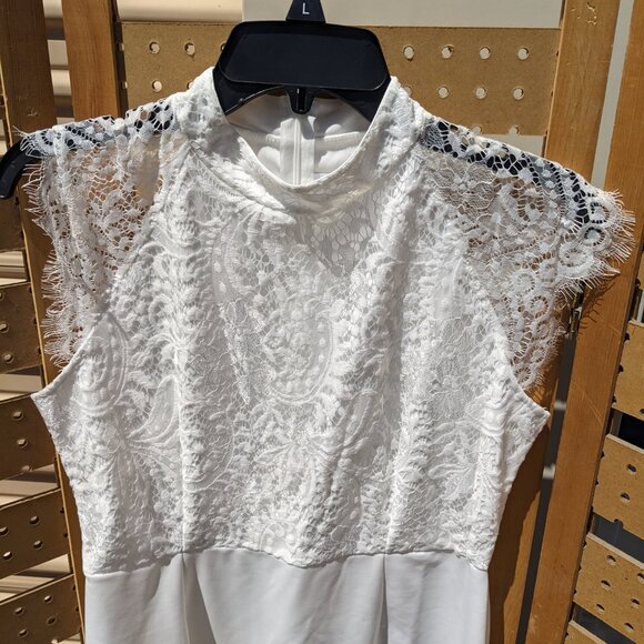 Off-White Lace Overlay Dress Sz L - Picture 2 of 5